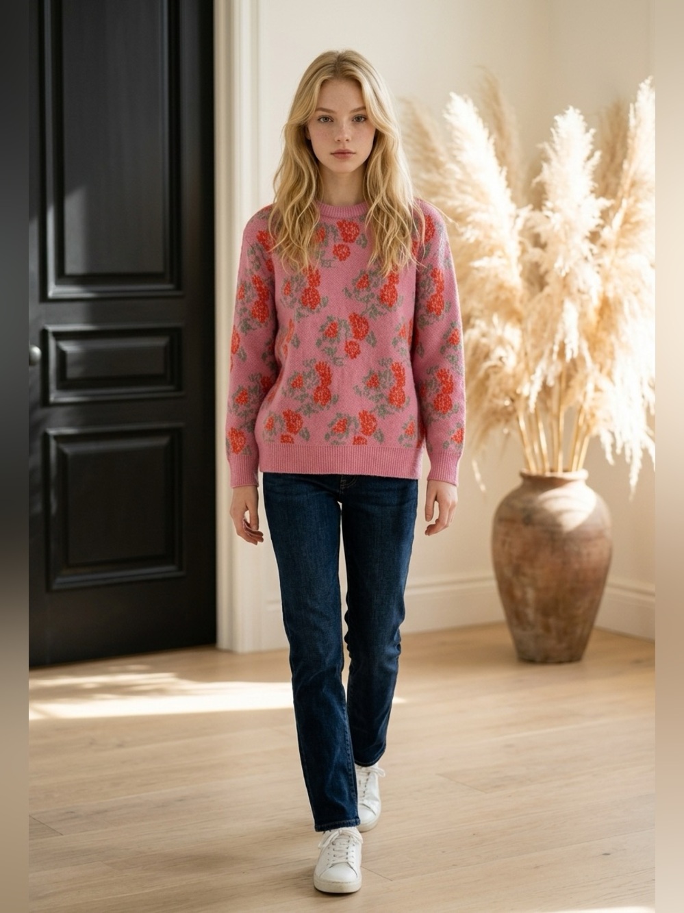 Floral Knit Sweater - Pink and Red